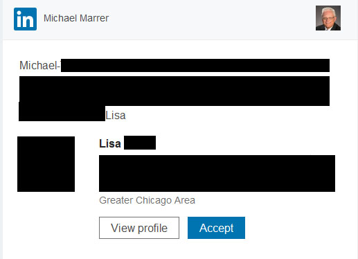 Sample Linkedin connection invitation received by email (redacted)